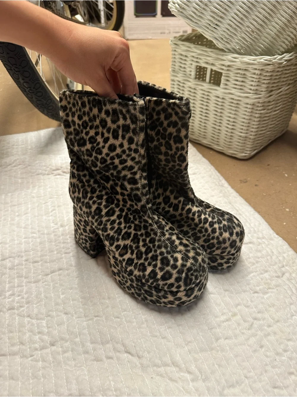 Leopard Fuzzy Print Platform Ankle Boots